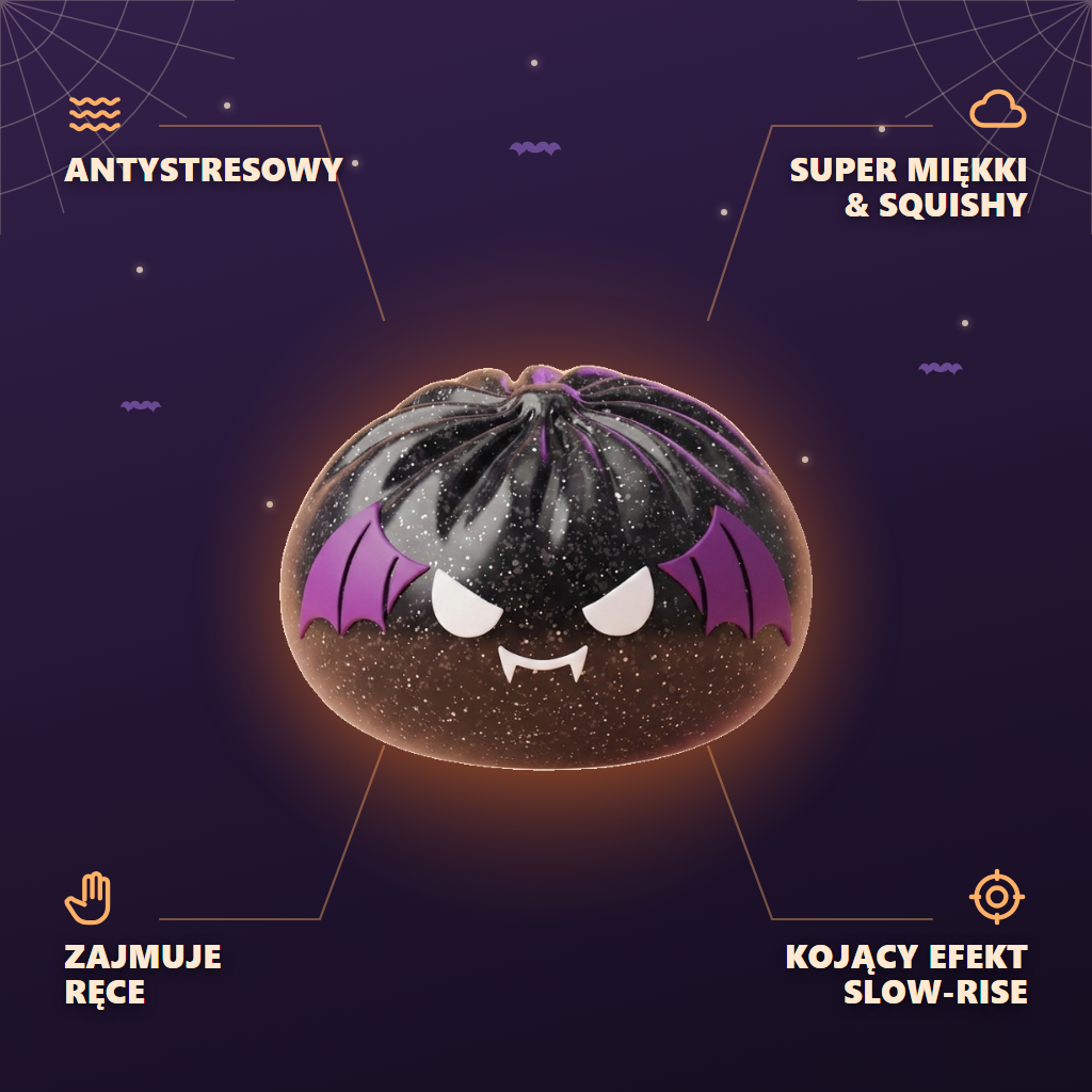 Squishy Dumpling Nietoperz Halloween Glitter infografika: najważniejsze zalety
