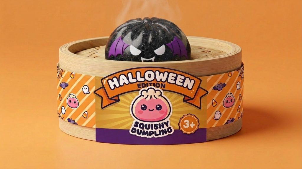 Squishy Dumpling Nietoperz Halloween Glitter w bambusowym koszyku