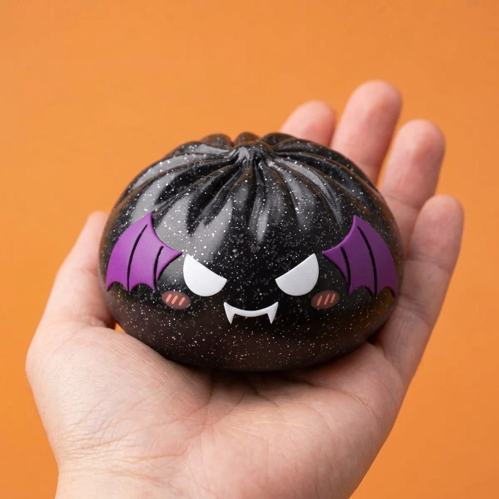 Squishy Dumpling Nietoperz Halloween Glitter w dłoni — porównanie rozmiaru