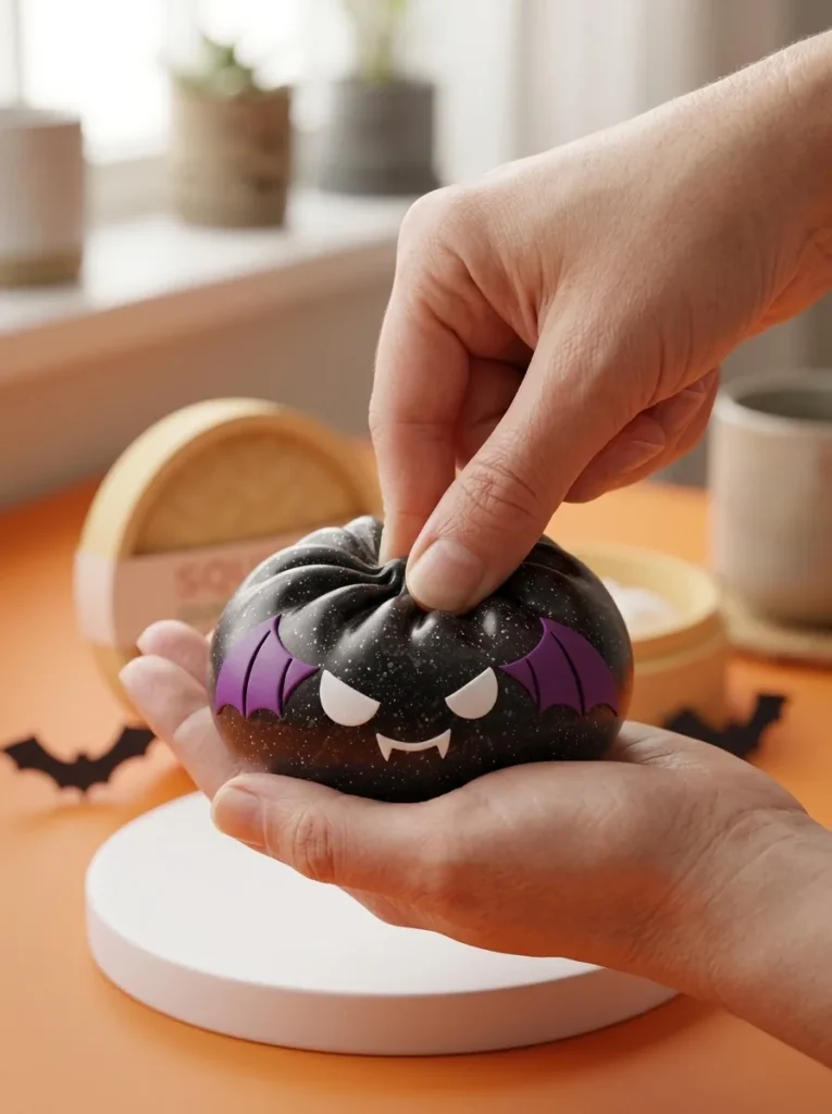 Squishy Dumpling Nietoperz Halloween Glitter podczas ściskania