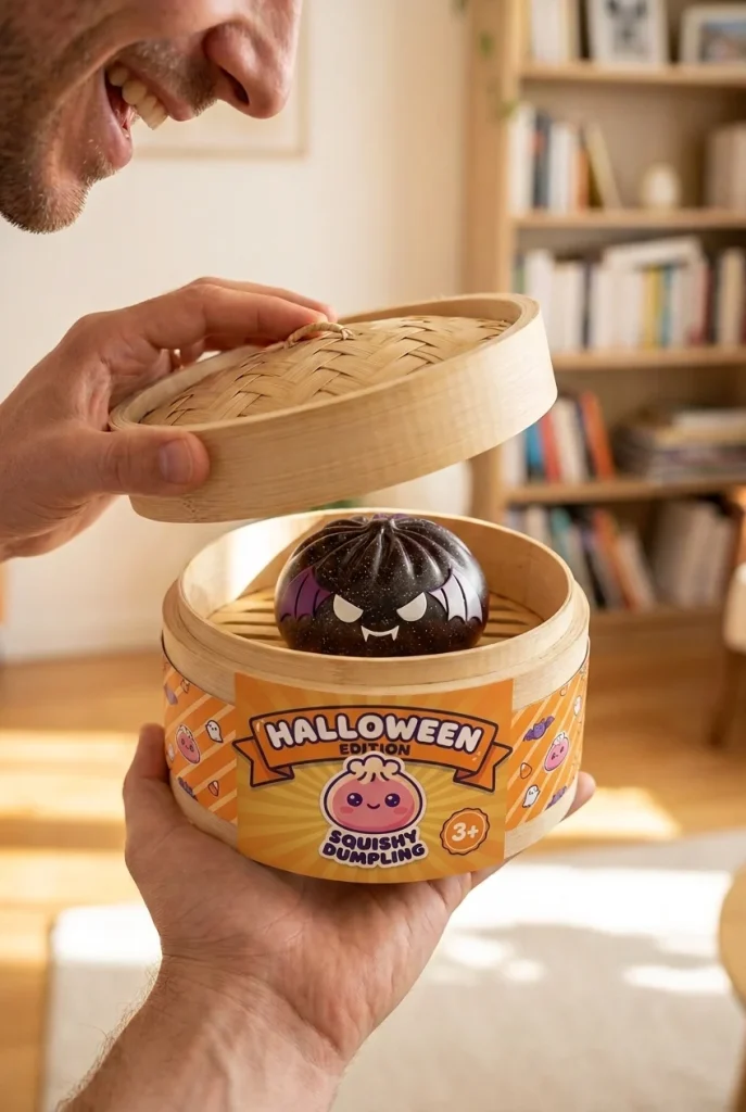 Squishy Dumpling Nietoperz Halloween Glitter podczas rozpakowywania