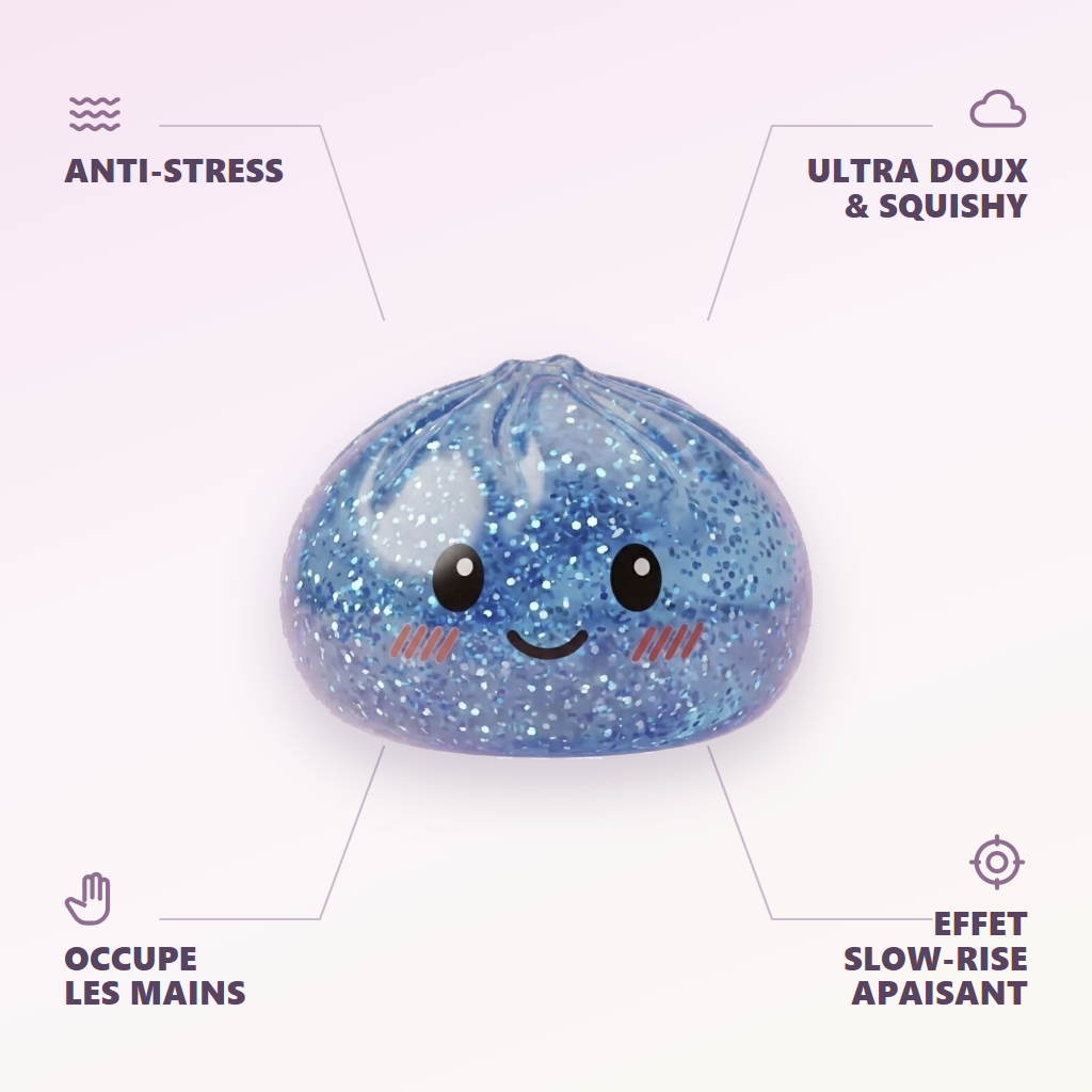 Glitter Dumpling Squishy Kojący Błękit infografika: najważniejsze zalety