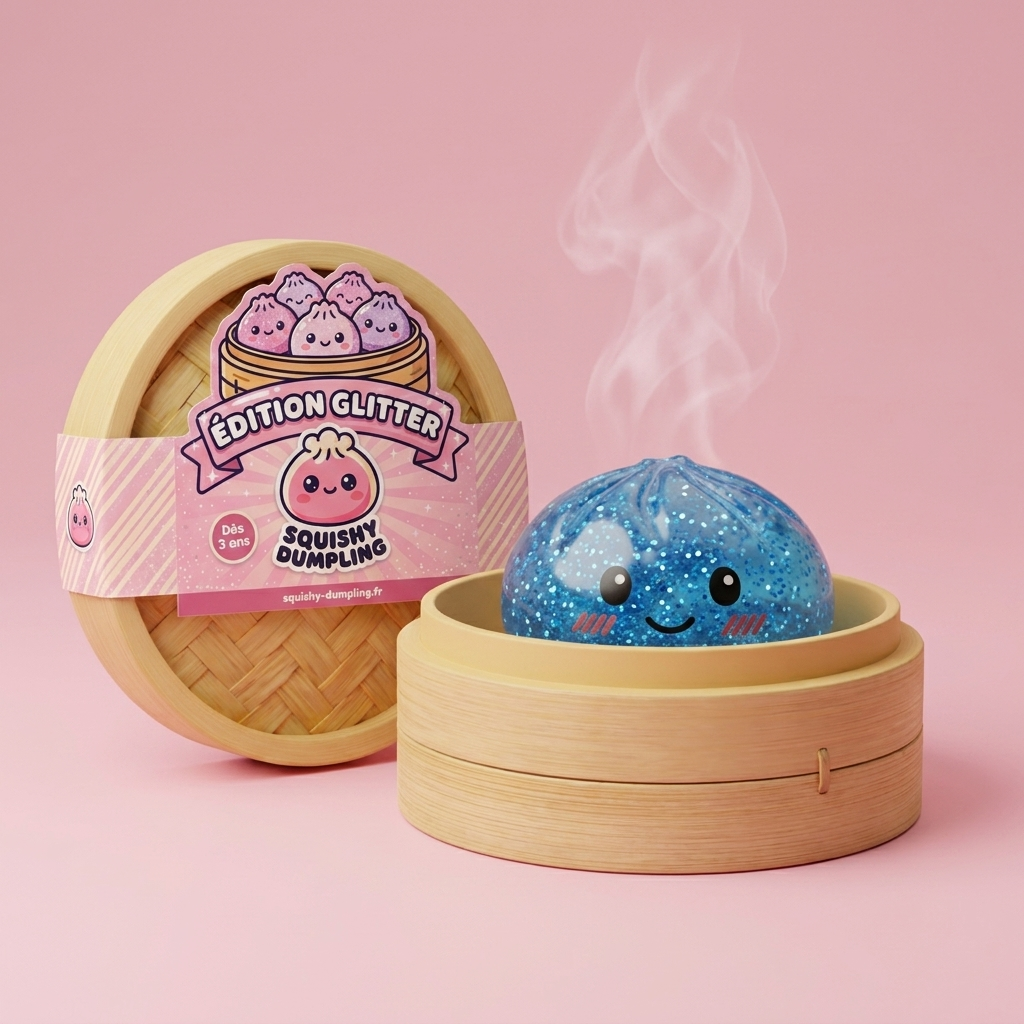 Glitter Dumpling Squishy Kojący Błękit w bambusowym koszyku