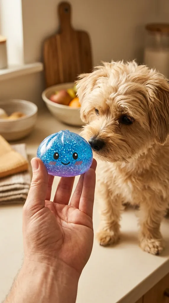 Glitter Dumpling Squishy Kojący Błękit z pluszakiem