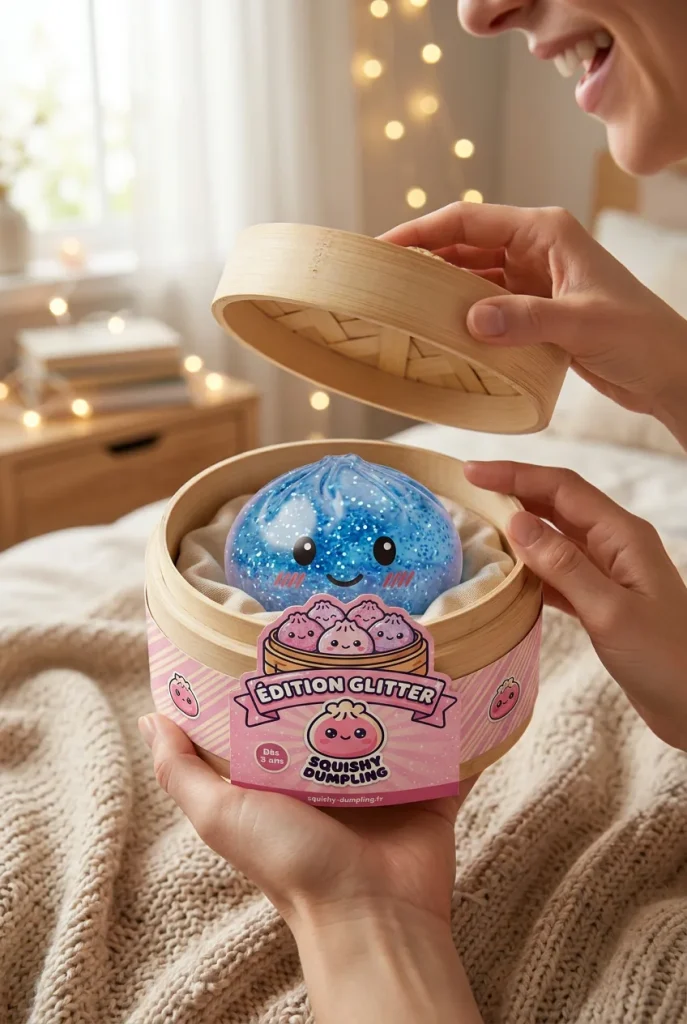 Glitter Dumpling Squishy Kojący Błękit podczas rozpakowywania