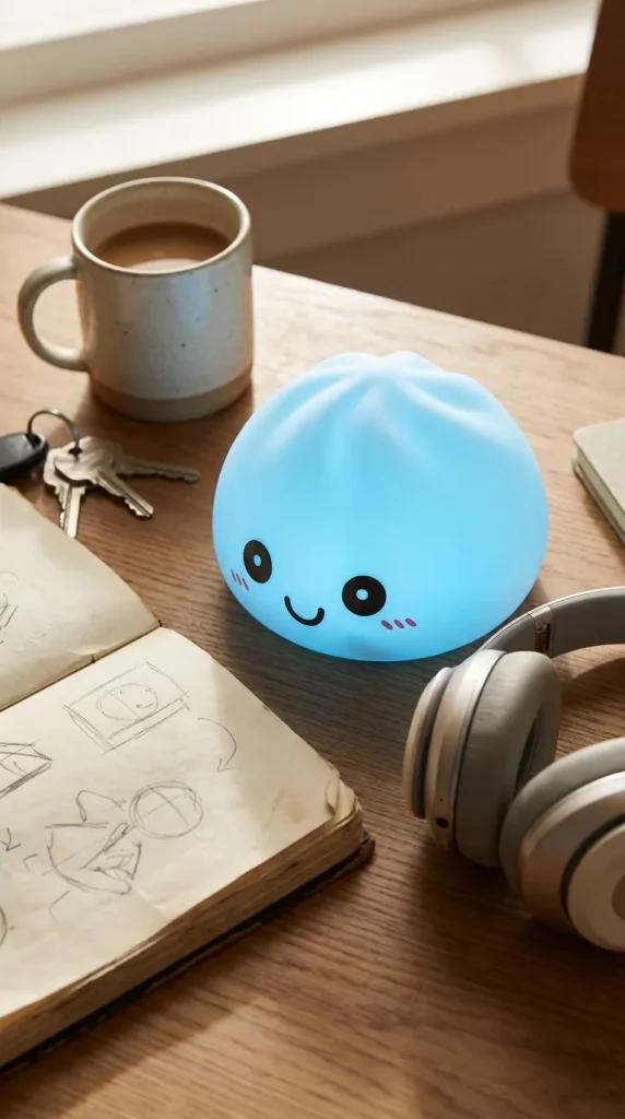 Dumpling Squishy Lampka Nocna Aurora Blue na biurku