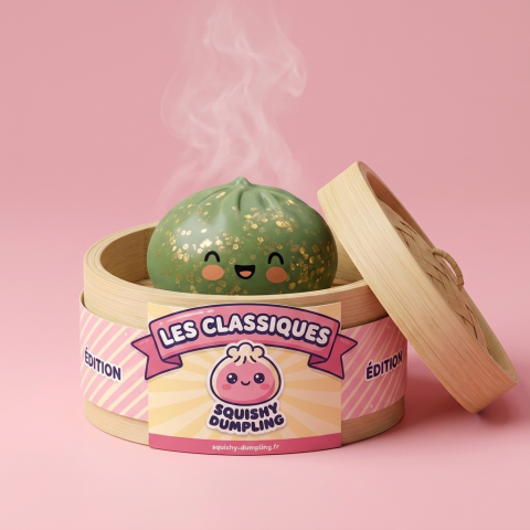 Dumpling Squishy Glitter Zielony Szmaragd w bambusowym koszyku