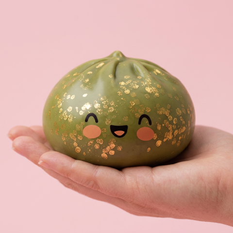 Dumpling Squishy Glitter Zielony Szmaragd w dłoni — porównanie rozmiaru