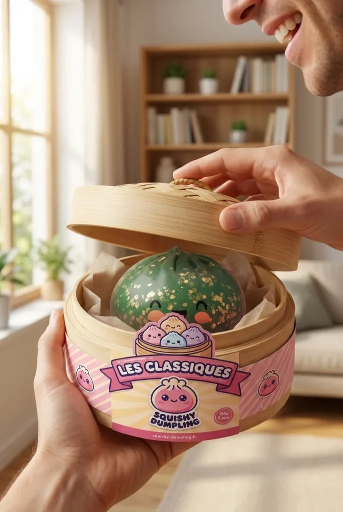 Dumpling Squishy Glitter Zielony Szmaragd podczas rozpakowywania