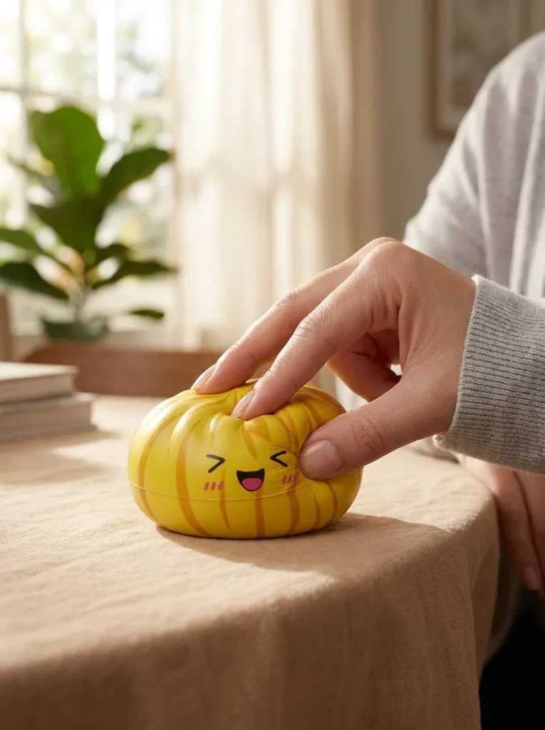 Dumpling Squishy Bun Mystery z Koszykiem Bambusowym podczas ściskania