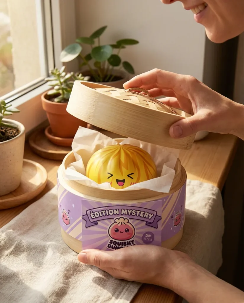 Dumpling Squishy Bun Mystery z Koszykiem Bambusowym podczas rozpakowywania