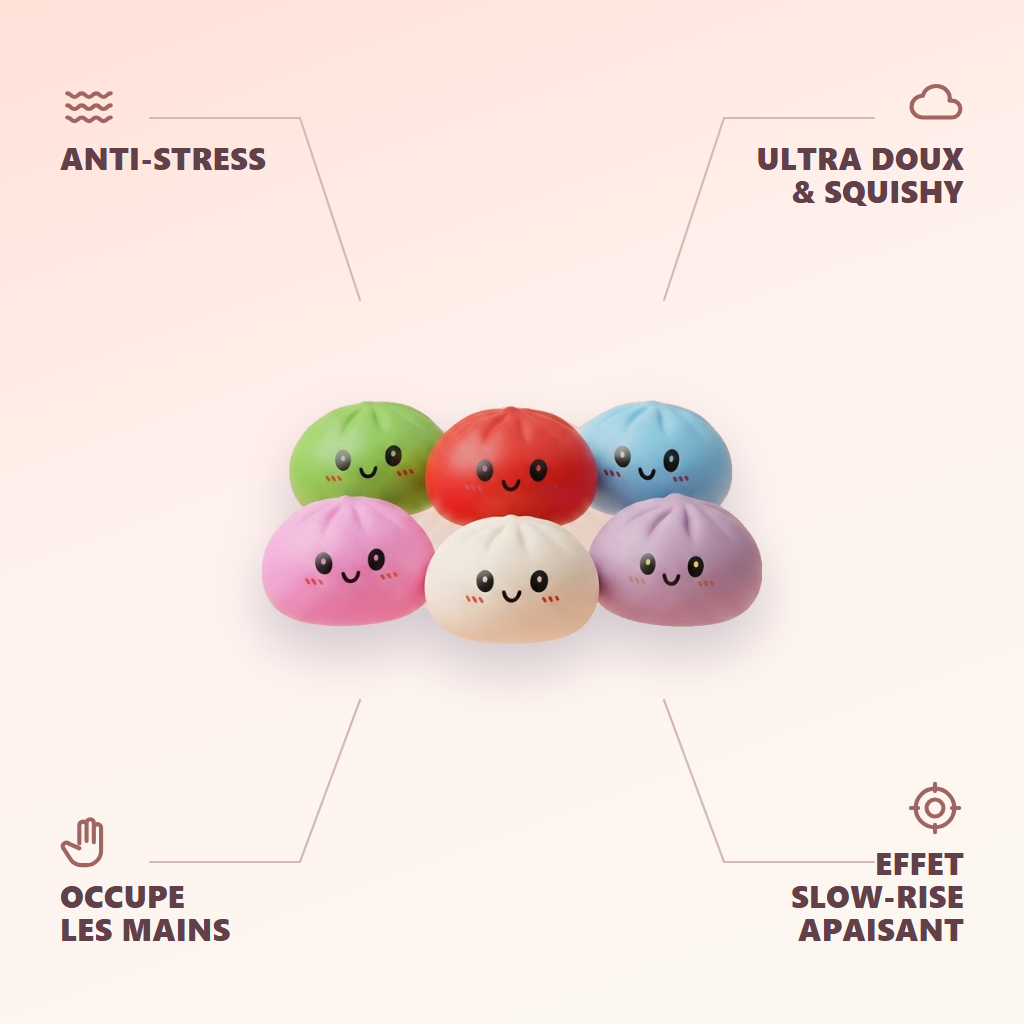 Dumpling Squishy Collection Zestaw 6 Sztuk infografika: najważniejsze zalety