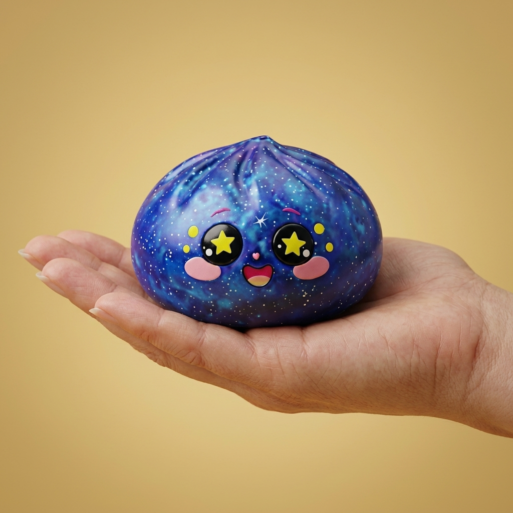 Galaxy Dumpling Squishy Kosmos w dłoni — porównanie rozmiaru