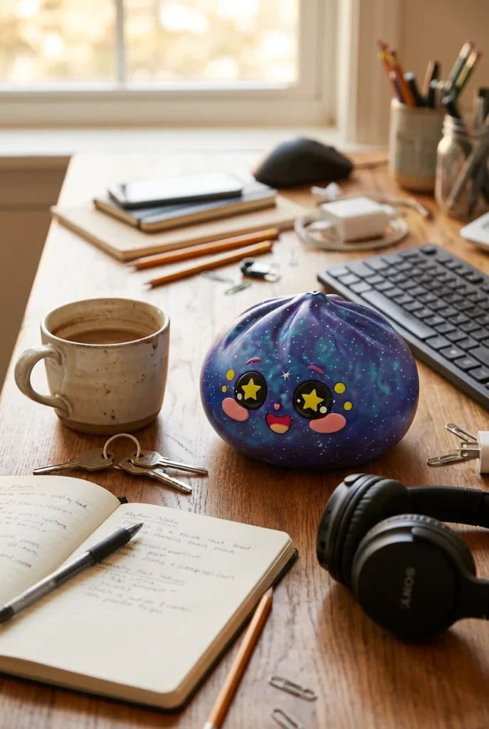 Galaxy Dumpling Squishy Kosmos na biurku