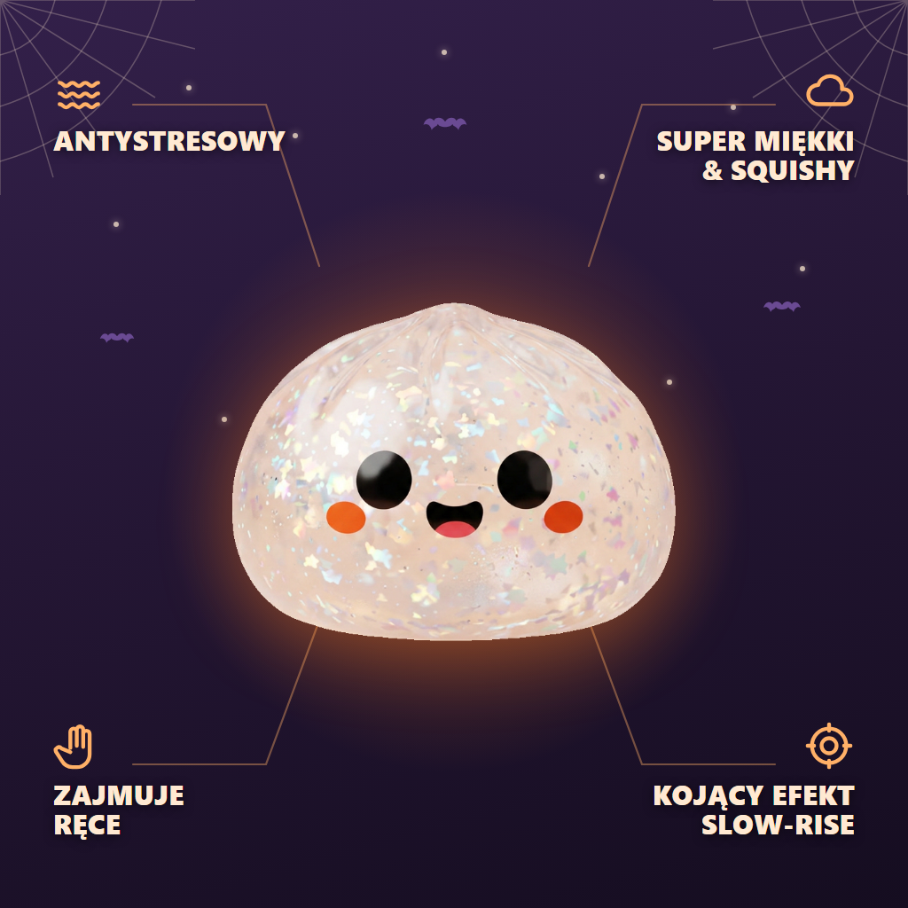 Squishy Dumpling Duszek Halloween Glitter infografika: najważniejsze zalety