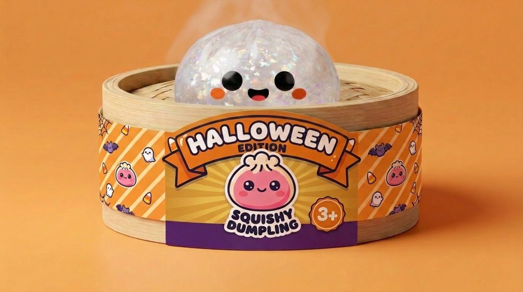 Squishy Dumpling Duszek Halloween Glitter w bambusowym koszyku