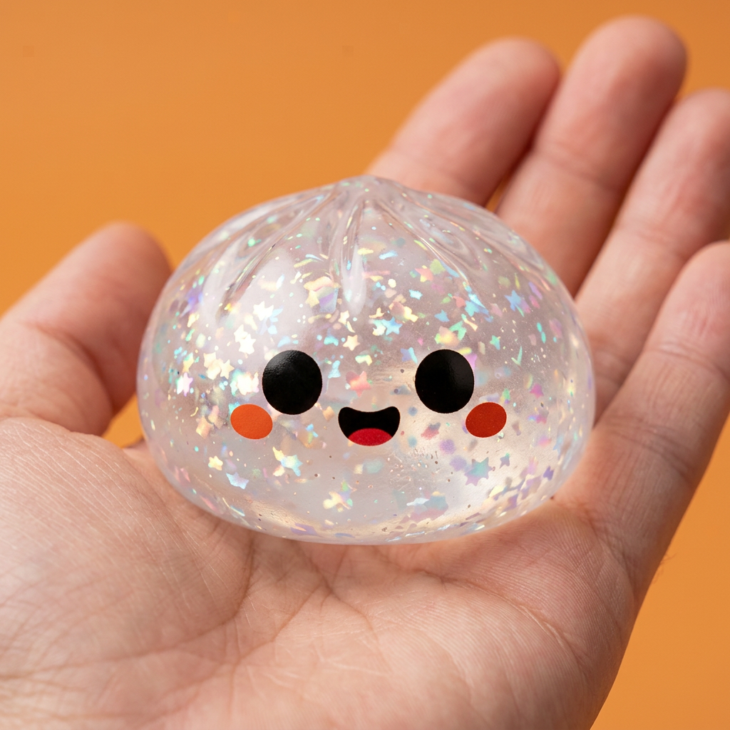 Squishy Dumpling Duszek Halloween Glitter w dłoni — porównanie rozmiaru
