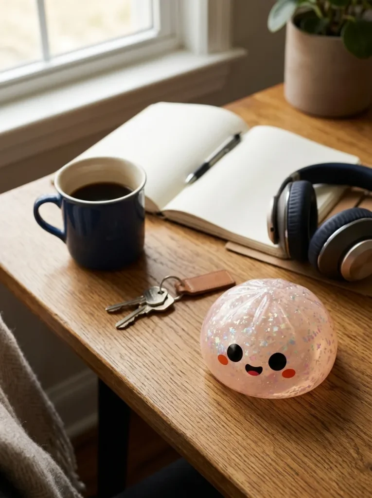 Squishy Dumpling Duszek Halloween Glitter na biurku
