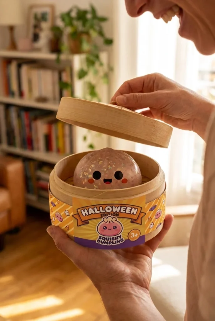 Squishy Dumpling Duszek Halloween Glitter podczas rozpakowywania