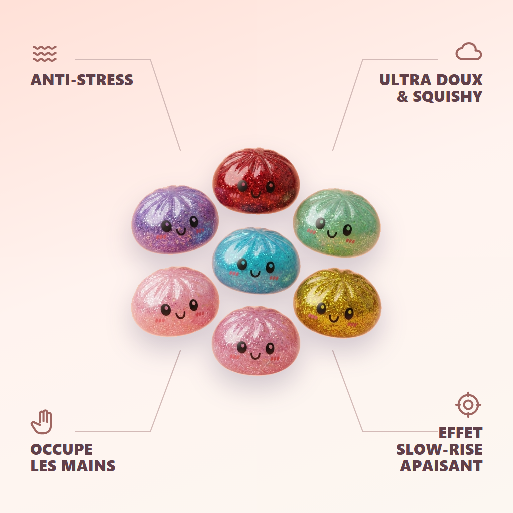 Glitter Dumpling Squishy Set Brokatowy 6 szt. infografika: najważniejsze zalety