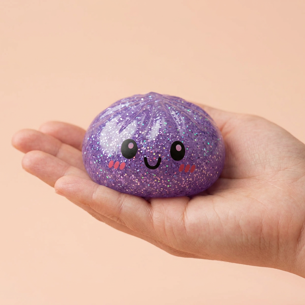 Glitter Dumpling Squishy Set Brokatowy 6 szt. w dłoni — porównanie rozmiaru