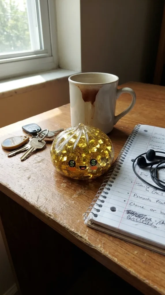 Gold Dumpling Squishy Złota Edycja Rzadka na biurku