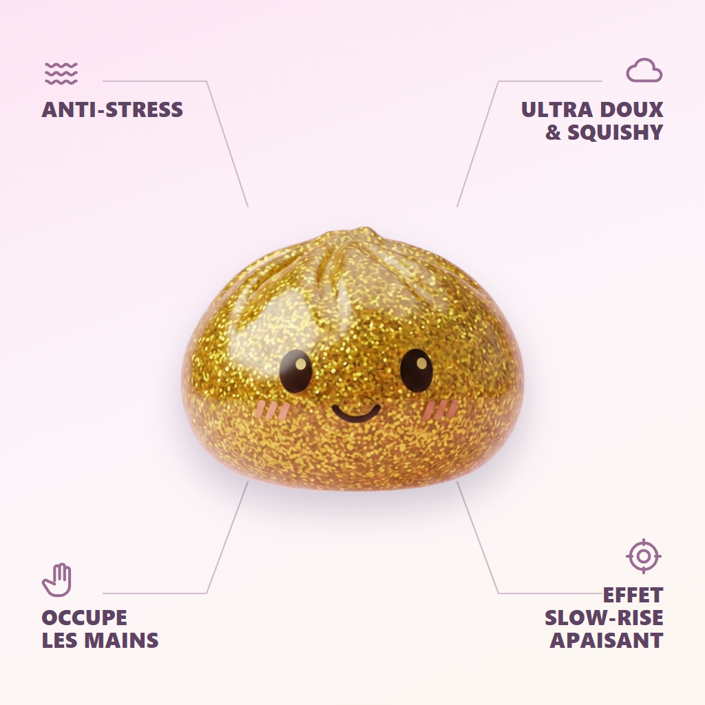 Glitter Dumpling Squishy Złoty Luksus infografika: najważniejsze zalety