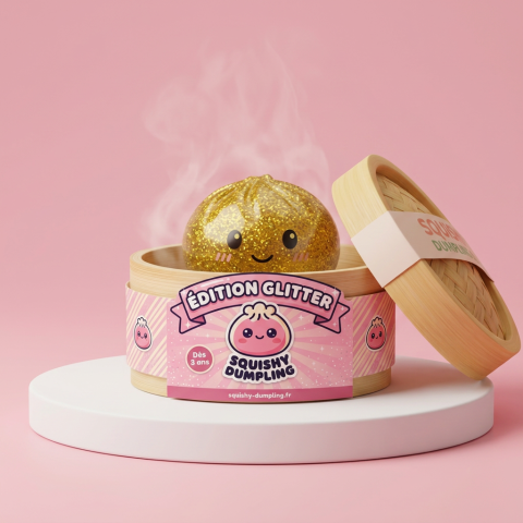Glitter Dumpling Squishy Złoty Luksus w bambusowym koszyku