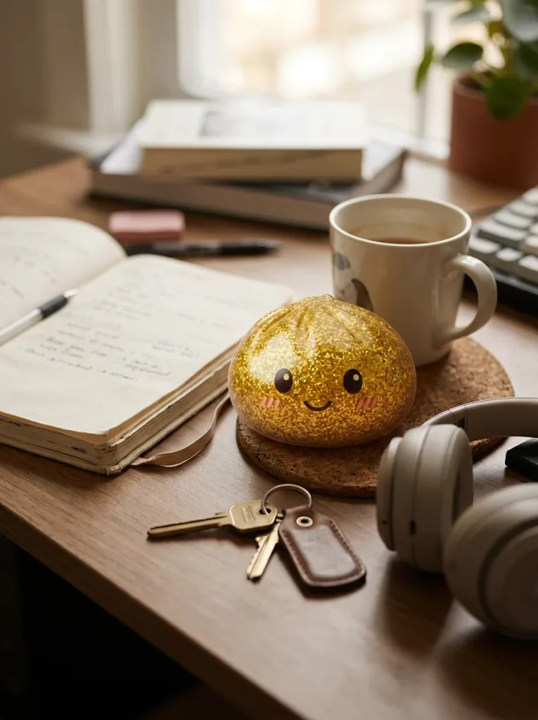 Glitter Dumpling Squishy Złoty Luksus na biurku