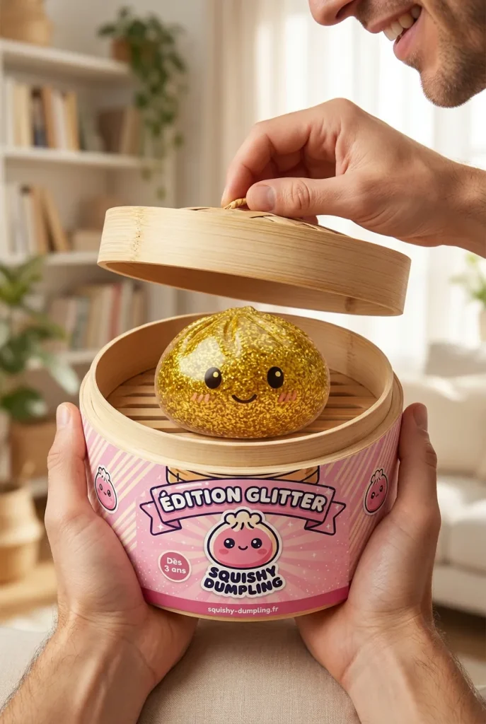 Glitter Dumpling Squishy Złoty Luksus podczas rozpakowywania