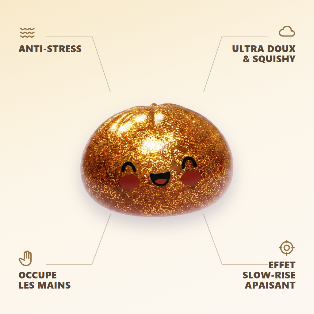 Dumpling Squishy Glitter Gold – Złoty Skarb infografika: najważniejsze zalety