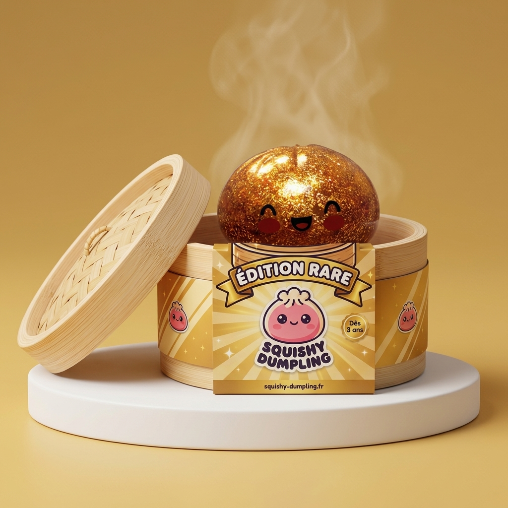 Dumpling Squishy Glitter Gold – Złoty Skarb w bambusowym koszyku