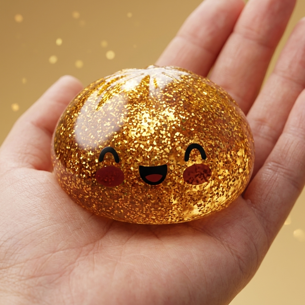 Dumpling Squishy Glitter Gold – Złoty Skarb w dłoni — porównanie rozmiaru