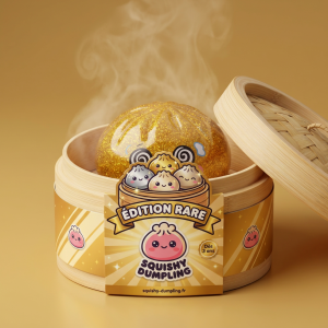 Gold Dumpling Squishy Złota Moneta Szczęścia w bambusowym koszyku