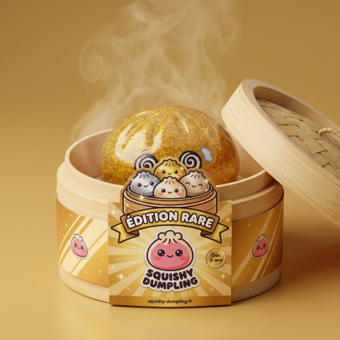 Gold Dumpling Squishy Złota Moneta Szczęścia w bambusowym koszyku