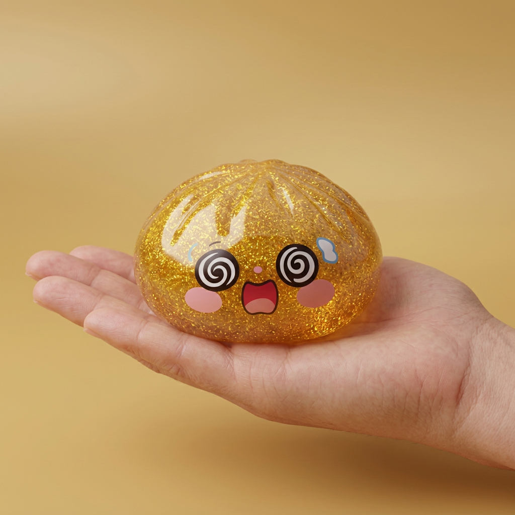 Gold Dumpling Squishy Złota Moneta Szczęścia w dłoni — porównanie rozmiaru