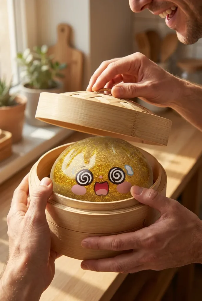 Gold Dumpling Squishy Złota Moneta Szczęścia podczas rozpakowywania