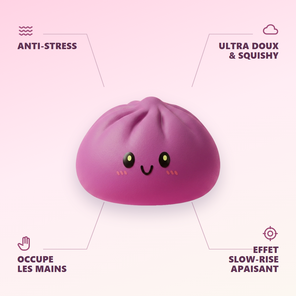 Dumpling Squishy Magenta Szary infografika: najważniejsze zalety