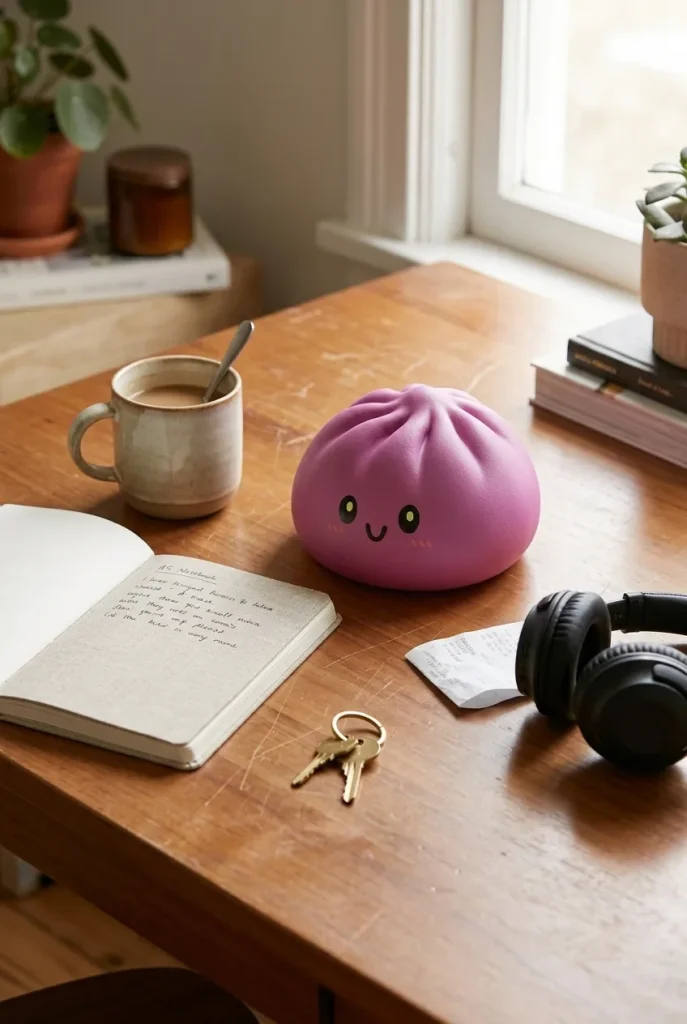 Dumpling Squishy Magenta Szary na biurku