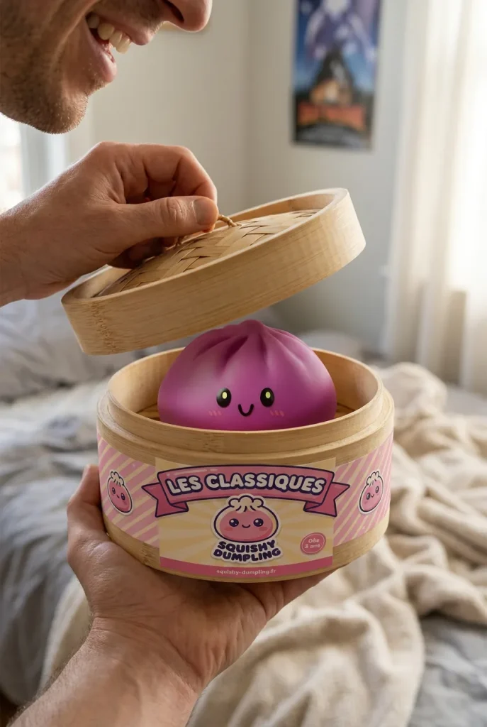 Dumpling Squishy Magenta Szary podczas rozpakowywania