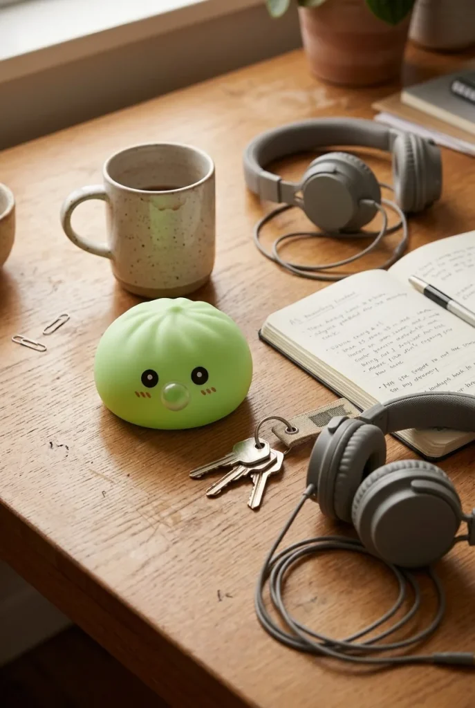 Dumpling Squishy Zielony Świeży XXL na biurku