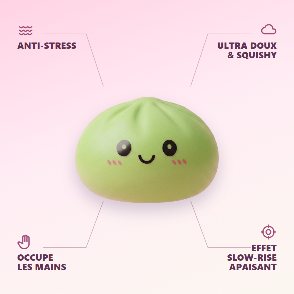 Dumpling Squishy Matcha Zielony infografika: najważniejsze zalety