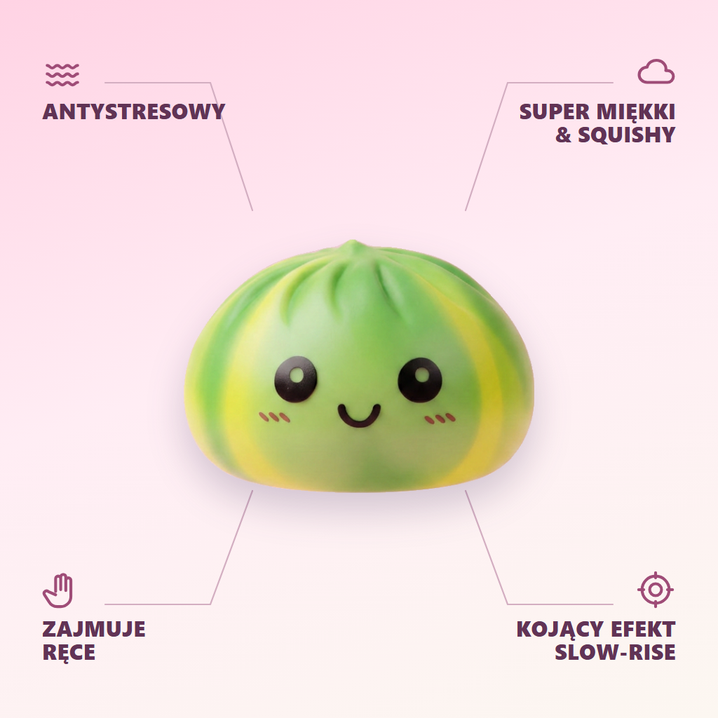 Squishy Dumpling Tie Dye Zielony Wir infografika: najważniejsze zalety