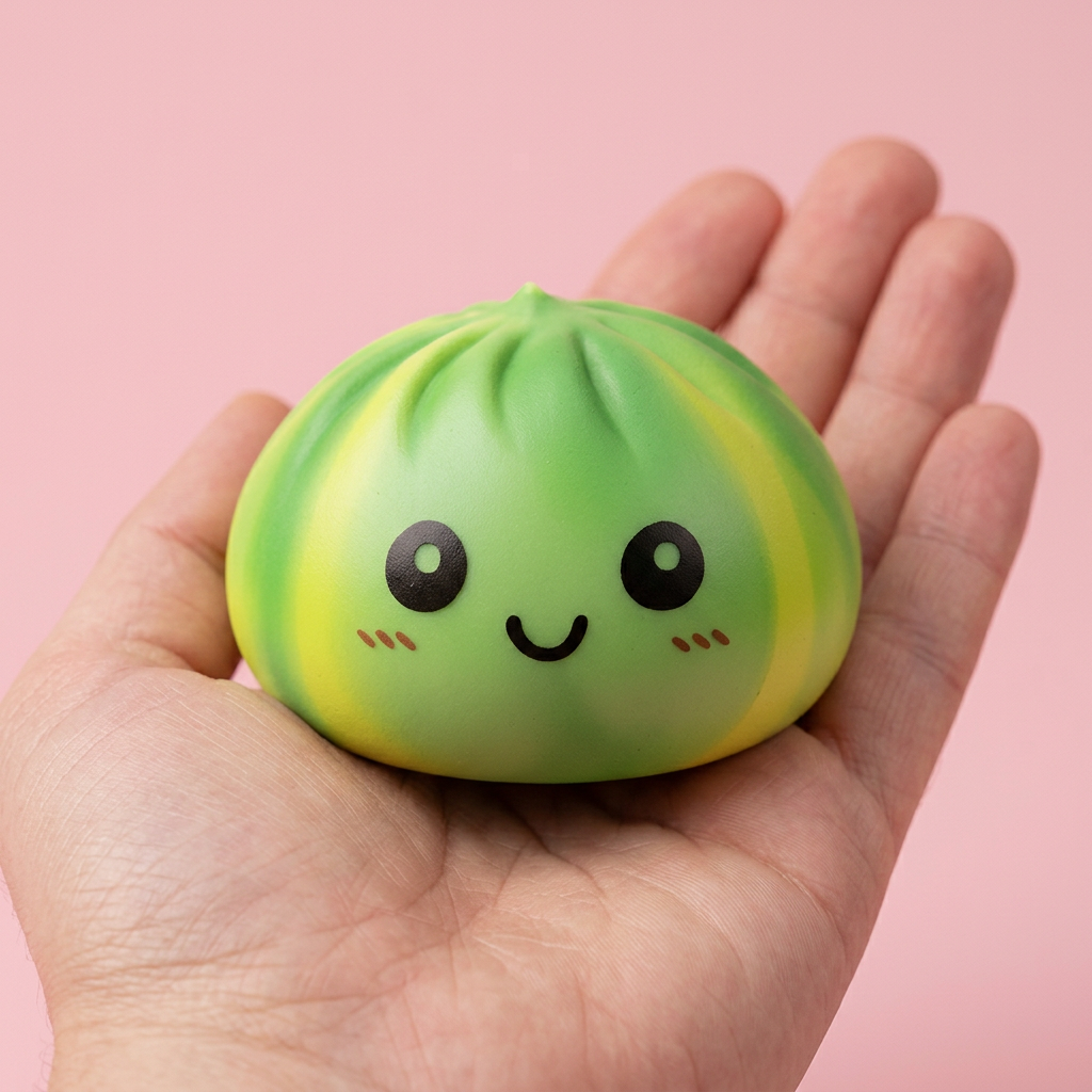 Squishy Dumpling Tie Dye Zielony Wir w dłoni — porównanie rozmiaru