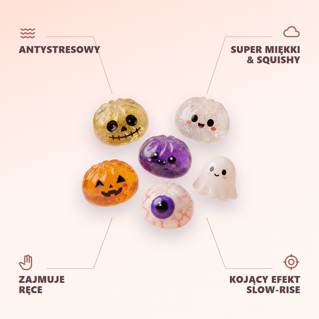 Dumpling Squishy Halloween Set 5 szt. infografika: najważniejsze zalety