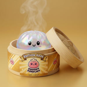 Dumpling Squishy Holographic Opalizujący Blask w bambusowym koszyku