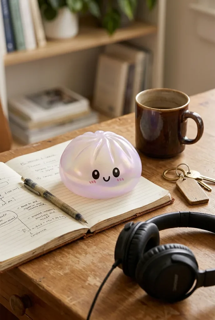 Dumpling Squishy Holographic Opalizujący Blask na biurku