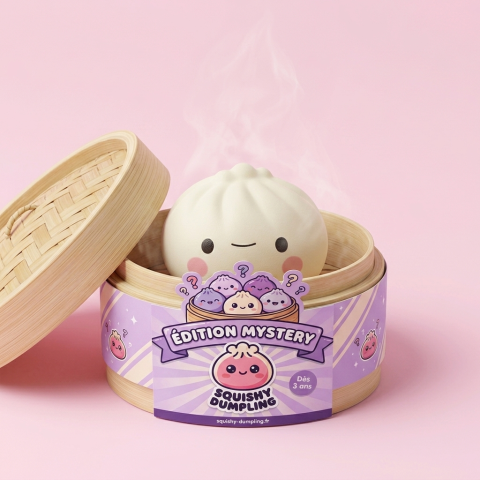 Dumpling Squishy Mystery Box – Zestaw 12 szt. Kawaii w bambusowym koszyku