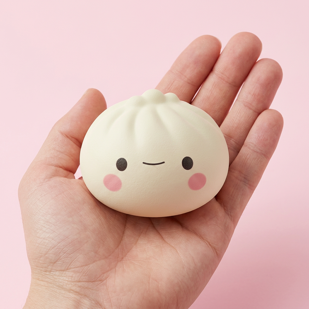 Dumpling Squishy Mystery Box – Zestaw 12 szt. Kawaii w dłoni — porównanie rozmiaru