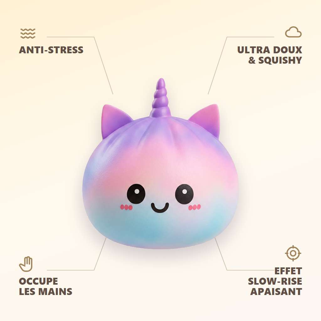 Jumbo Dumpling Squishy Jednorożec Rainbow infografika: najważniejsze zalety